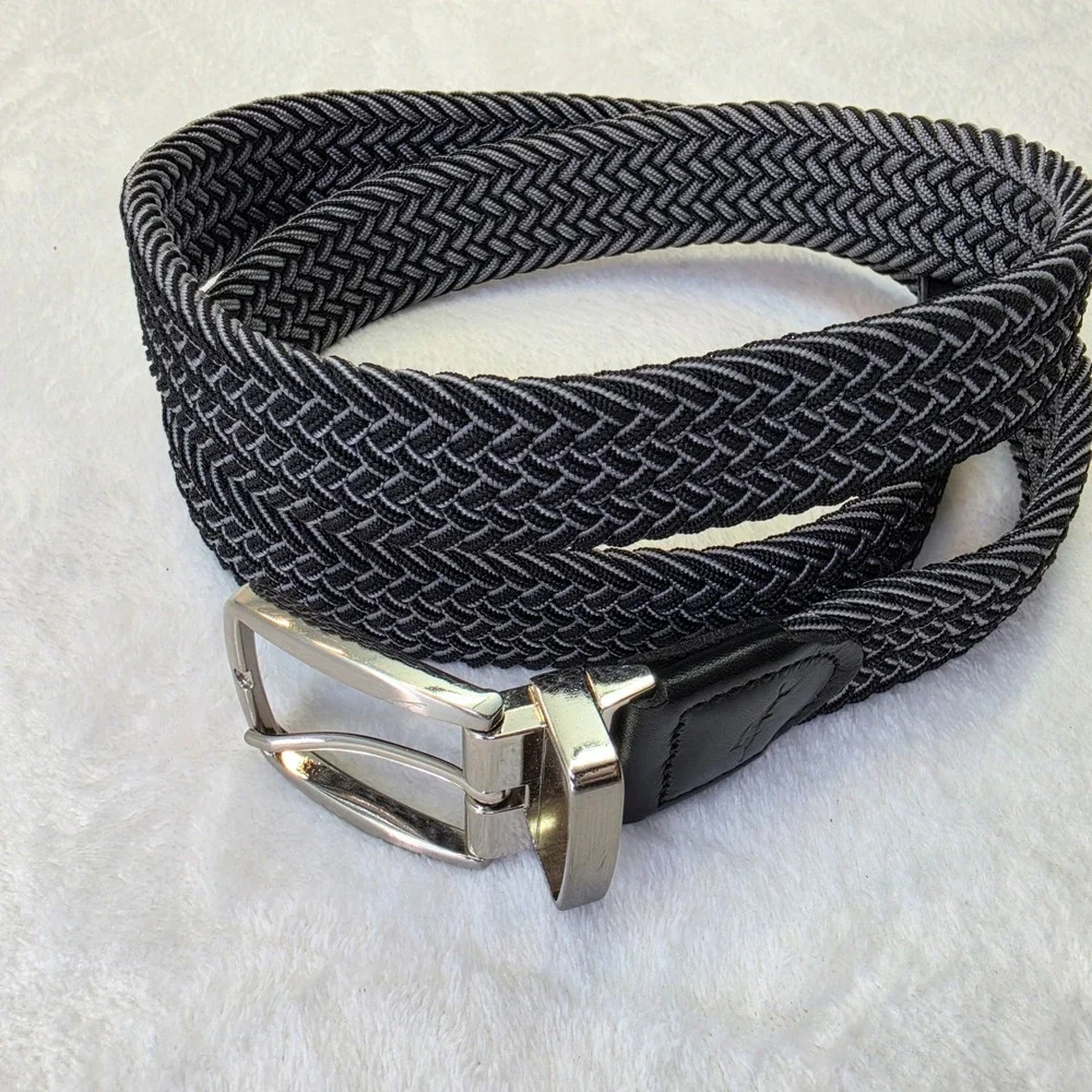 Tommy Bahama Mens Braided Woven Belt Black Grey Leather Trim L/XL 11TM030007